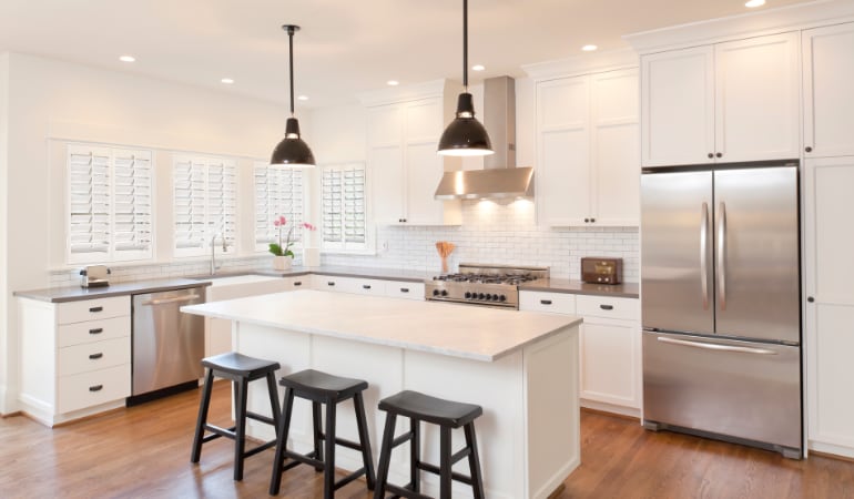 Plantation shutters in a model kitchen.